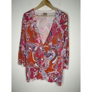 Chicos Women Size 4 US XXL Cardigan Sweater Pink Paisley V Neck Mother of Pearl